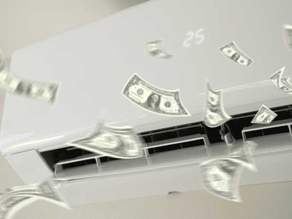 A white HVAC unit with U.S. dollar bills flying out of it, symbolizing money being spent on HVAC energy costs. The digital display on the unit shows a temperature setting of 25.